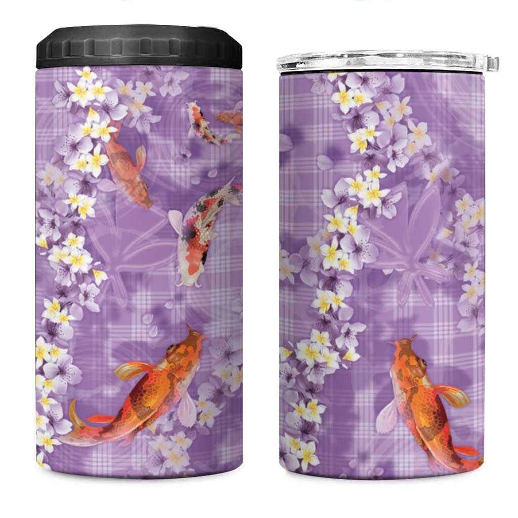 Purple Palaka Hawaiian And Japanese 4 in 1 Can Cooler Tumbler Sakura Lei With Koi Fish - Polynesian Pride