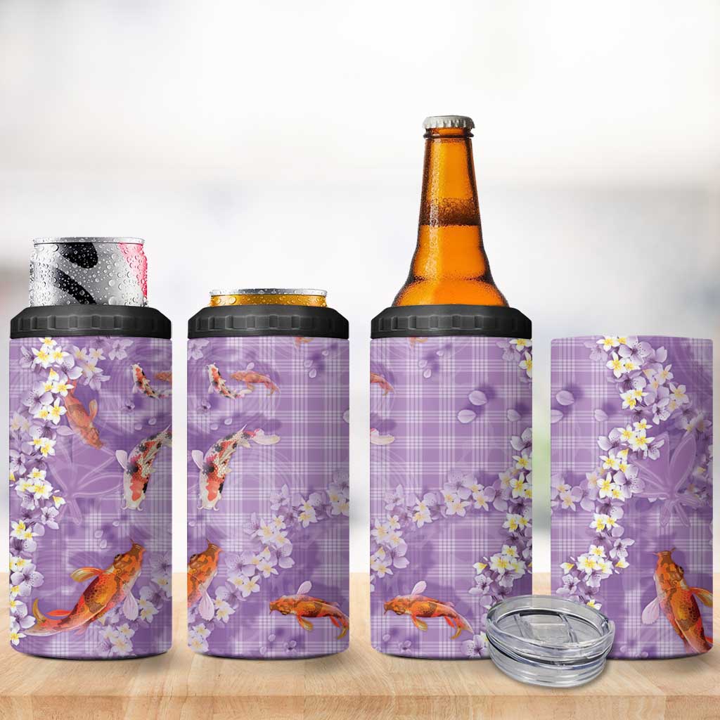 Purple Palaka Hawaiian And Japanese 4 in 1 Can Cooler Tumbler Sakura Lei With Koi Fish - Polynesian Pride