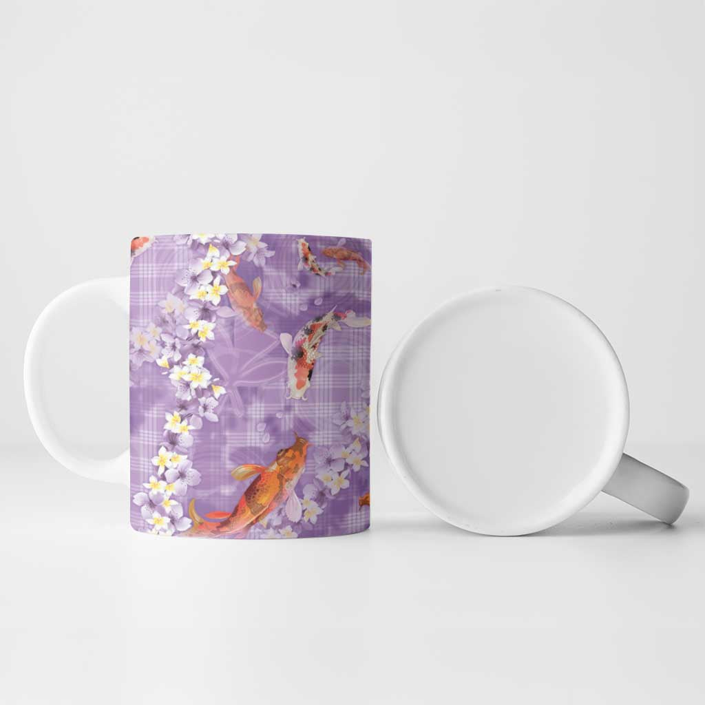 Purple Palaka Hawaiian And Japanese Ceramic Mug Sakura Lei With Koi Fish - Polynesian Pride
