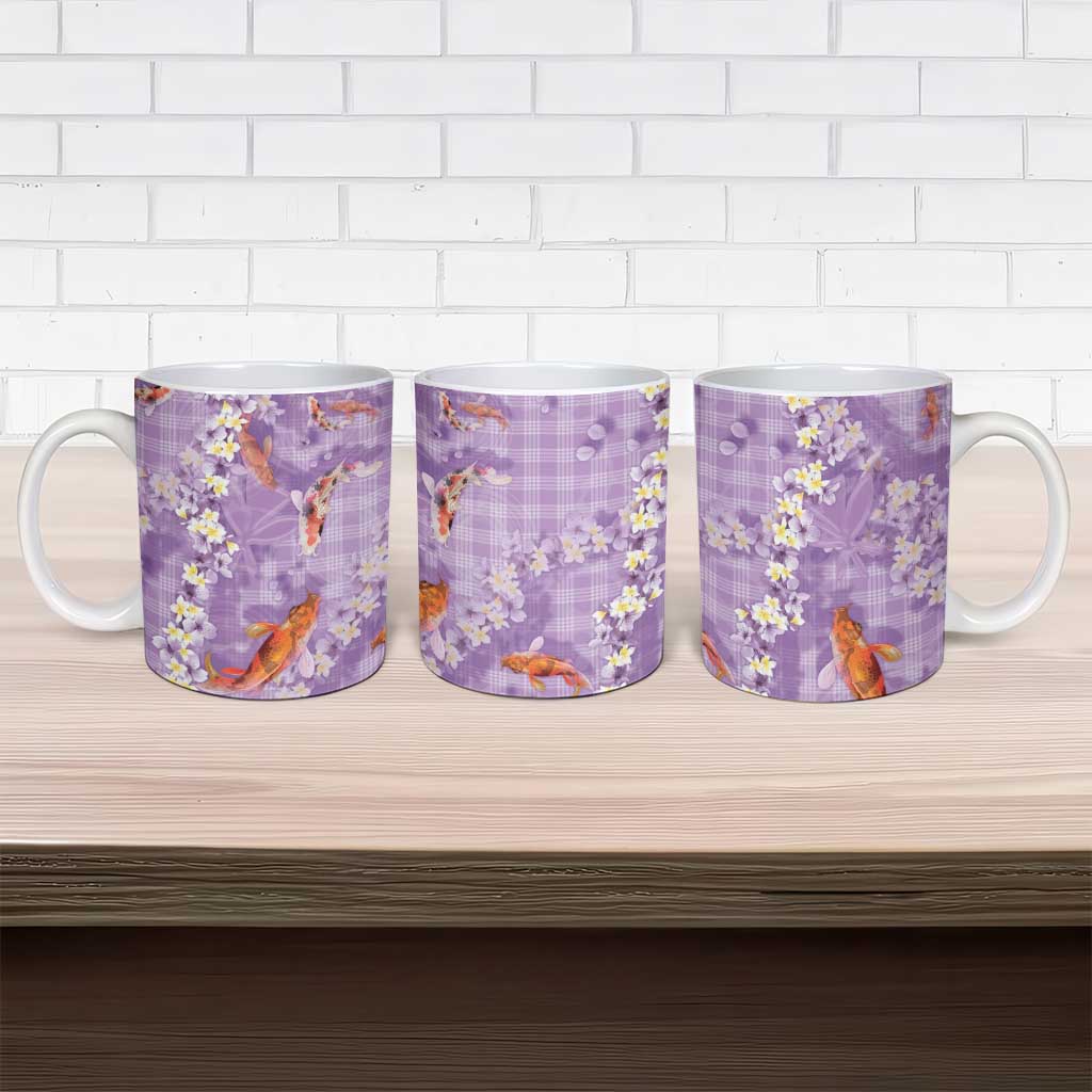 Purple Palaka Hawaiian And Japanese Ceramic Mug Sakura Lei With Koi Fish - Polynesian Pride
