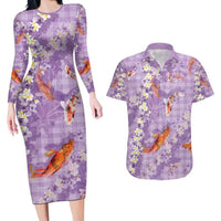 Purple Palaka Hawaiian And Japanese Couples Matching Long Sleeve Bodycon Dress and Hawaiian Shirt Sakura Lei With Koi Fish - Polynesian Pride