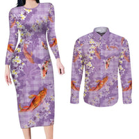 Purple Palaka Hawaiian And Japanese Couples Matching Long Sleeve Bodycon Dress and Long Sleeve Button Shirt Sakura Lei With Koi Fish - Polynesian Pride