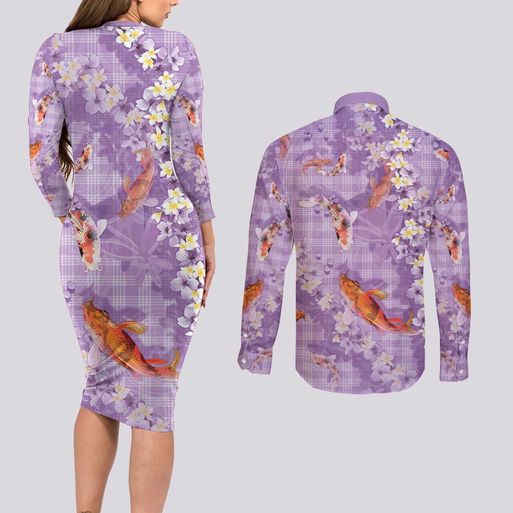 Purple Palaka Hawaiian And Japanese Couples Matching Long Sleeve Bodycon Dress and Long Sleeve Button Shirt Sakura Lei With Koi Fish - Polynesian Pride