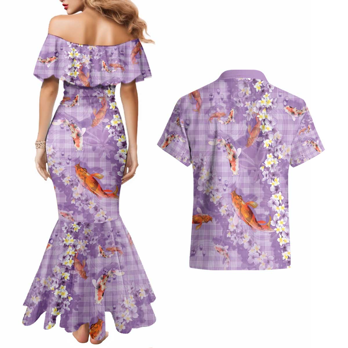 Purple Palaka Hawaiian And Japanese Couples Matching Mermaid Dress and Hawaiian Shirt Sakura Lei With Koi Fish - Polynesian Pride