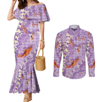 Purple Palaka Hawaiian And Japanese Couples Matching Mermaid Dress and Long Sleeve Button Shirt Sakura Lei With Koi Fish - Polynesian Pride