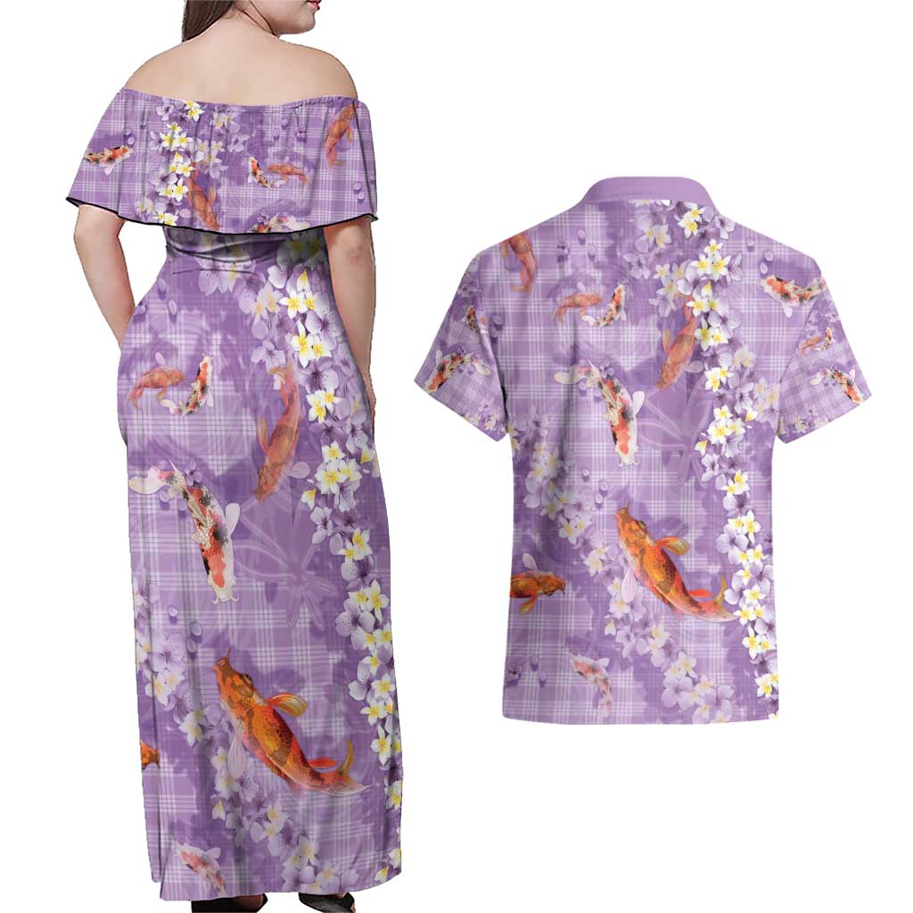 Purple Palaka Hawaiian And Japanese Couples Matching Off Shoulder Maxi Dress and Hawaiian Shirt Sakura Lei With Koi Fish - Polynesian Pride