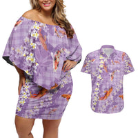 Purple Palaka Hawaiian And Japanese Couples Matching Off Shoulder Short Dress and Hawaiian Shirt Sakura Lei With Koi Fish - Polynesian Pride