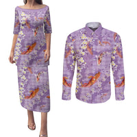 Purple Palaka Hawaiian And Japanese Couples Matching Puletasi and Long Sleeve Button Shirt Sakura Lei With Koi Fish - Polynesian Pride