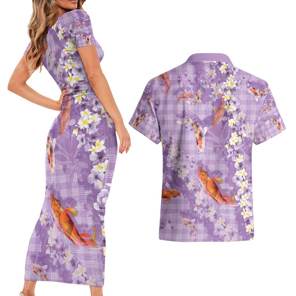 Purple Palaka Hawaiian And Japanese Couples Matching Short Sleeve Bodycon Dress and Hawaiian Shirt Sakura Lei With Koi Fish - Polynesian Pride