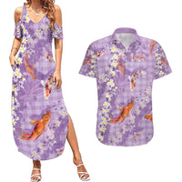 Purple Palaka Hawaiian And Japanese Couples Matching Summer Maxi Dress and Hawaiian Shirt Sakura Lei With Koi Fish - Polynesian Pride