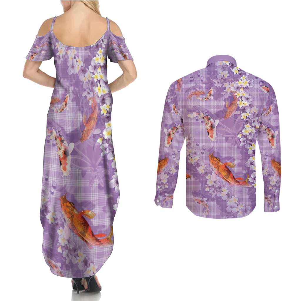 Purple Palaka Hawaiian And Japanese Couples Matching Summer Maxi Dress and Long Sleeve Button Shirt Sakura Lei With Koi Fish - Polynesian Pride