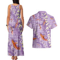 Purple Palaka Hawaiian And Japanese Couples Matching Tank Maxi Dress and Hawaiian Shirt Sakura Lei With Koi Fish - Polynesian Pride