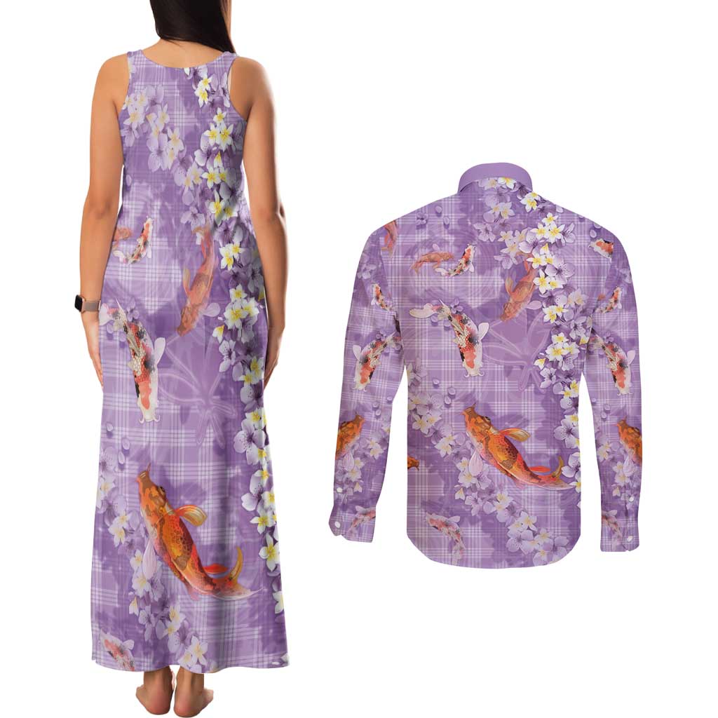 Purple Palaka Hawaiian And Japanese Couples Matching Tank Maxi Dress and Long Sleeve Button Shirt Sakura Lei With Koi Fish - Polynesian Pride