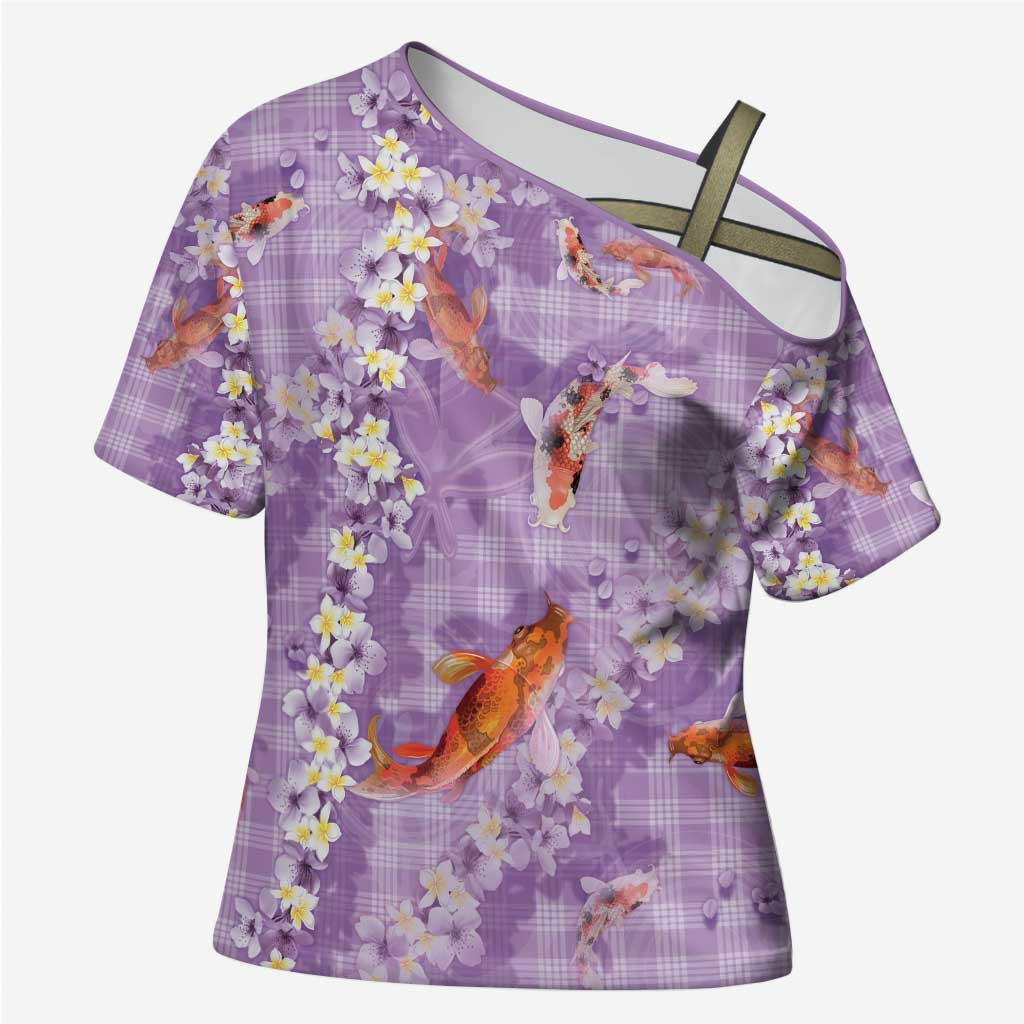 Purple Palaka Hawaiian And Japanese Cross Shoulder Shirt Sakura Lei With Koi Fish - Polynesian Pride