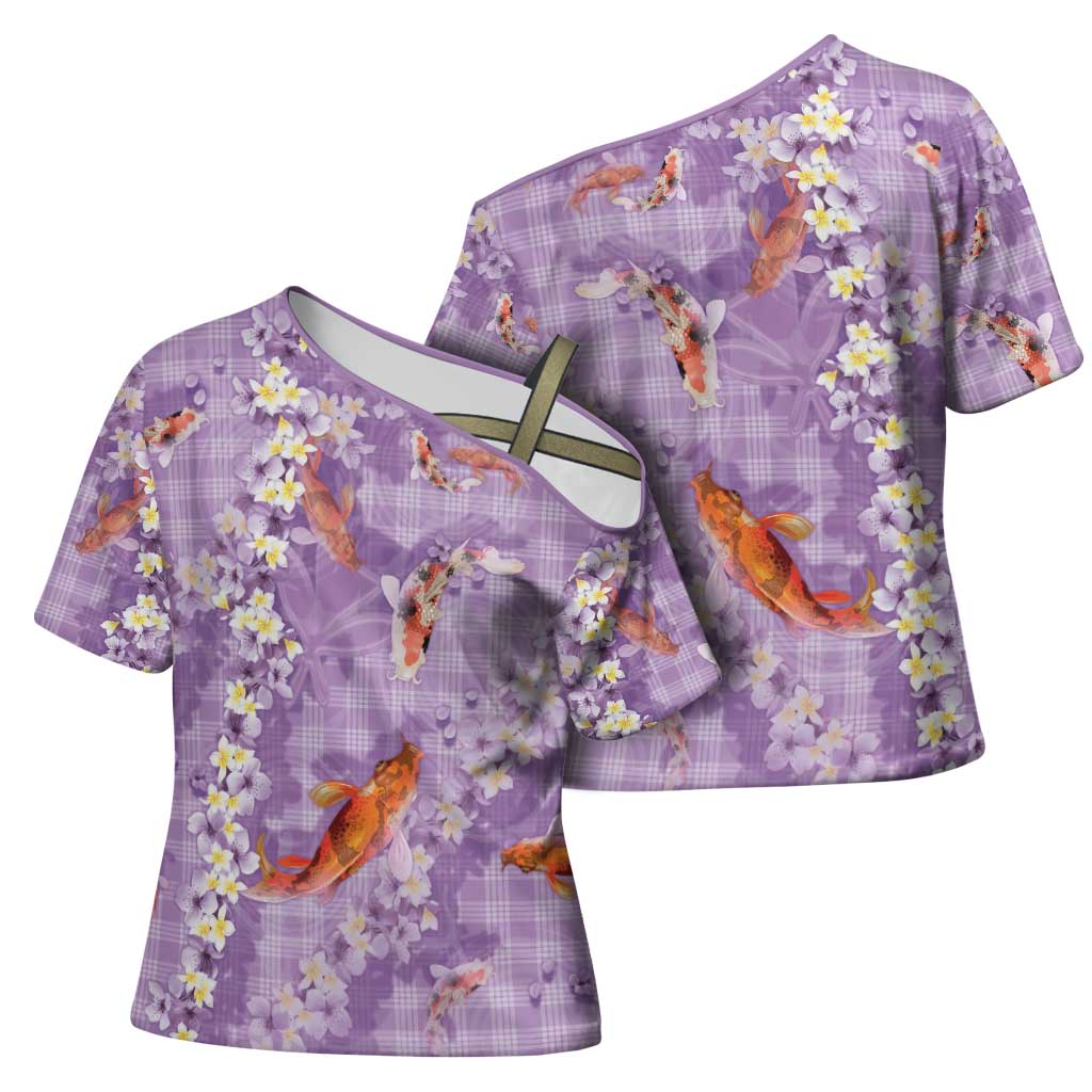 Purple Palaka Hawaiian And Japanese Cross Shoulder Shirt Sakura Lei With Koi Fish - Polynesian Pride