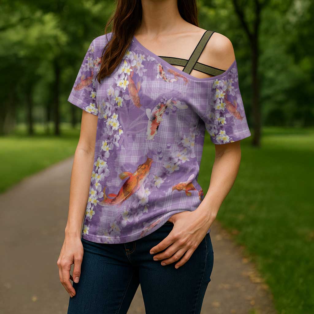 Purple Palaka Hawaiian And Japanese Cross Shoulder Shirt Sakura Lei With Koi Fish - Polynesian Pride