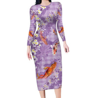 Purple Palaka Hawaiian And Japanese Family Matching Long Sleeve Bodycon Dress and Hawaiian Shirt Sakura Lei With Koi Fish - Polynesian Pride