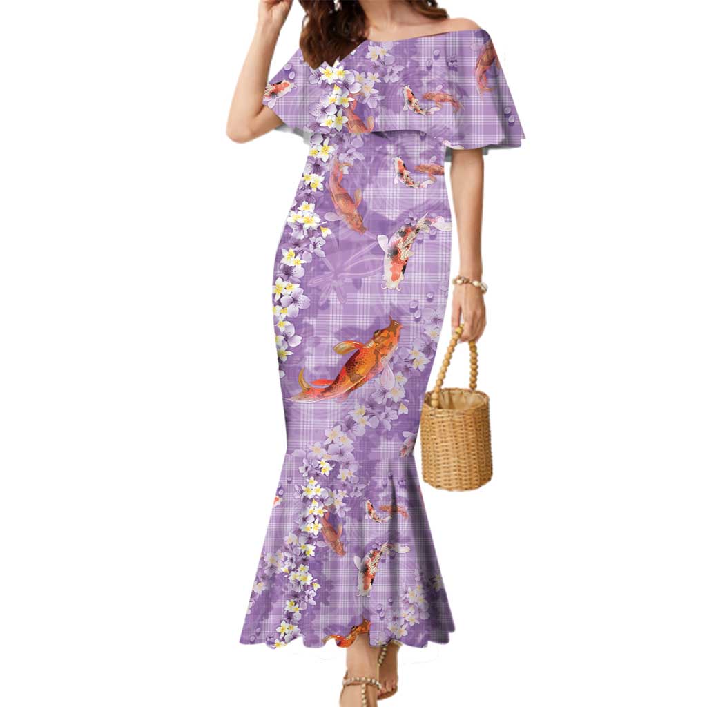 Purple Palaka Hawaiian And Japanese Family Matching Mermaid Dress and Hawaiian Shirt Sakura Lei With Koi Fish - Polynesian Pride