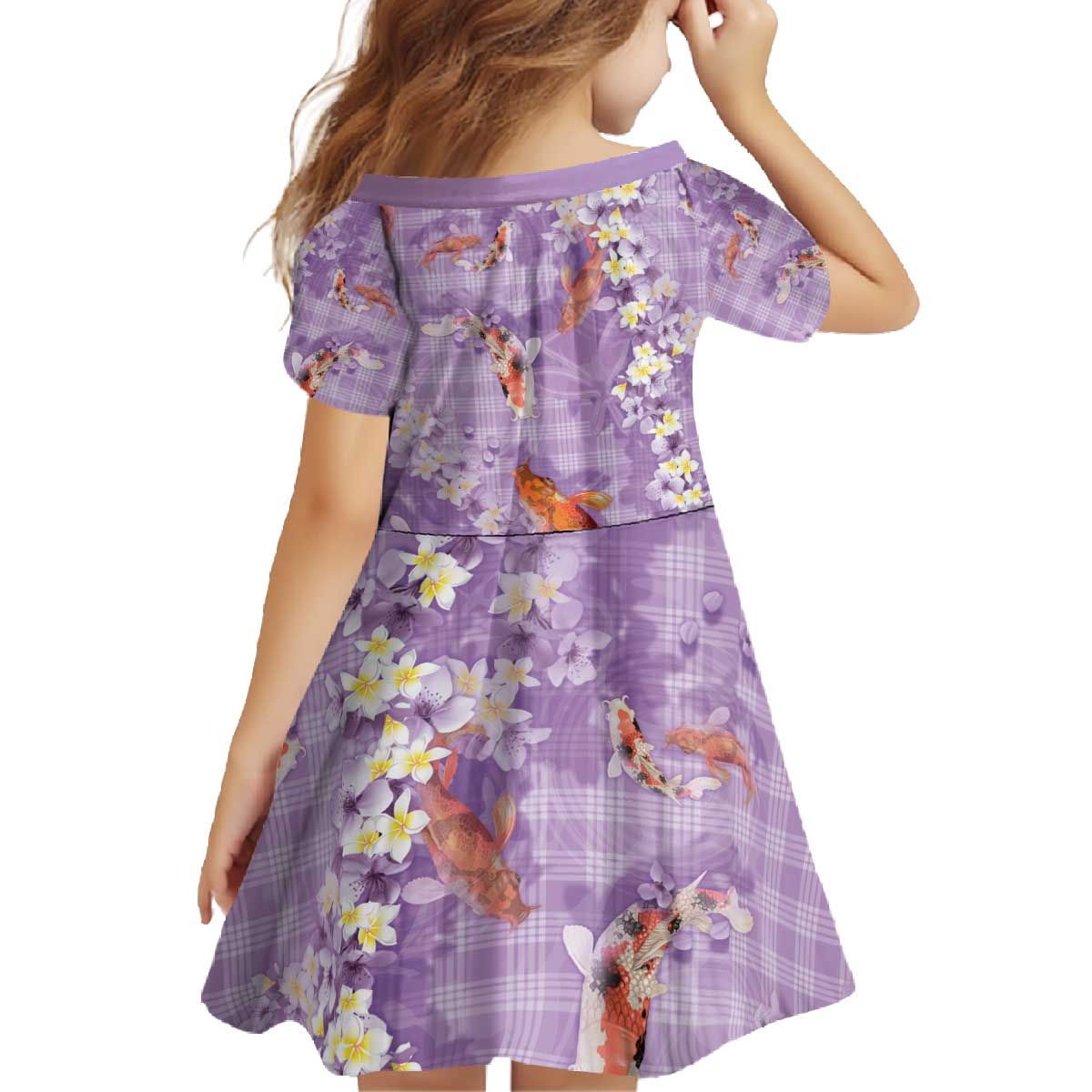 Purple Palaka Hawaiian And Japanese Family Matching Off The Shoulder Long Sleeve Dress and Hawaiian Shirt Sakura Lei With Koi Fish - Polynesian Pride