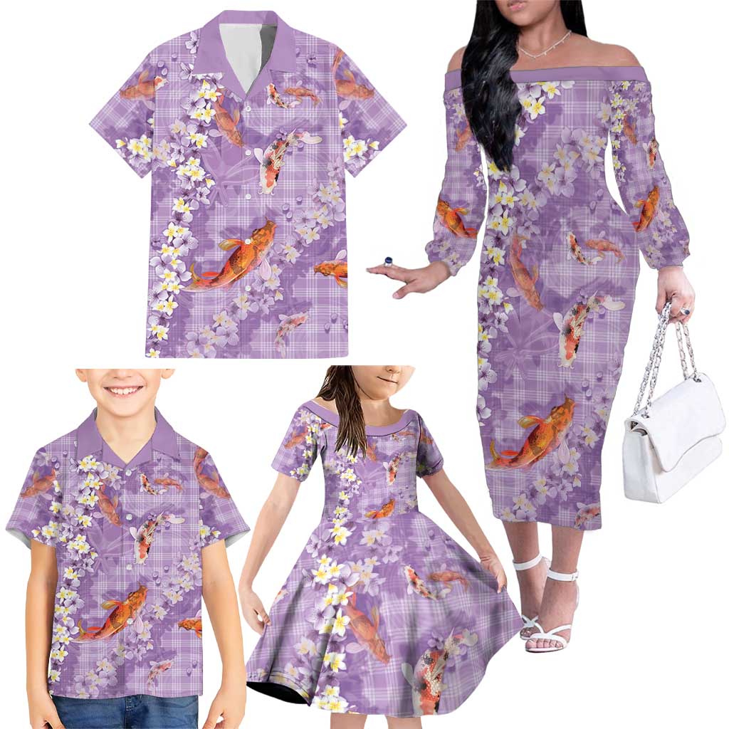 Purple Palaka Hawaiian And Japanese Family Matching Off The Shoulder Long Sleeve Dress and Hawaiian Shirt Sakura Lei With Koi Fish DT05 - Polynesian Pride