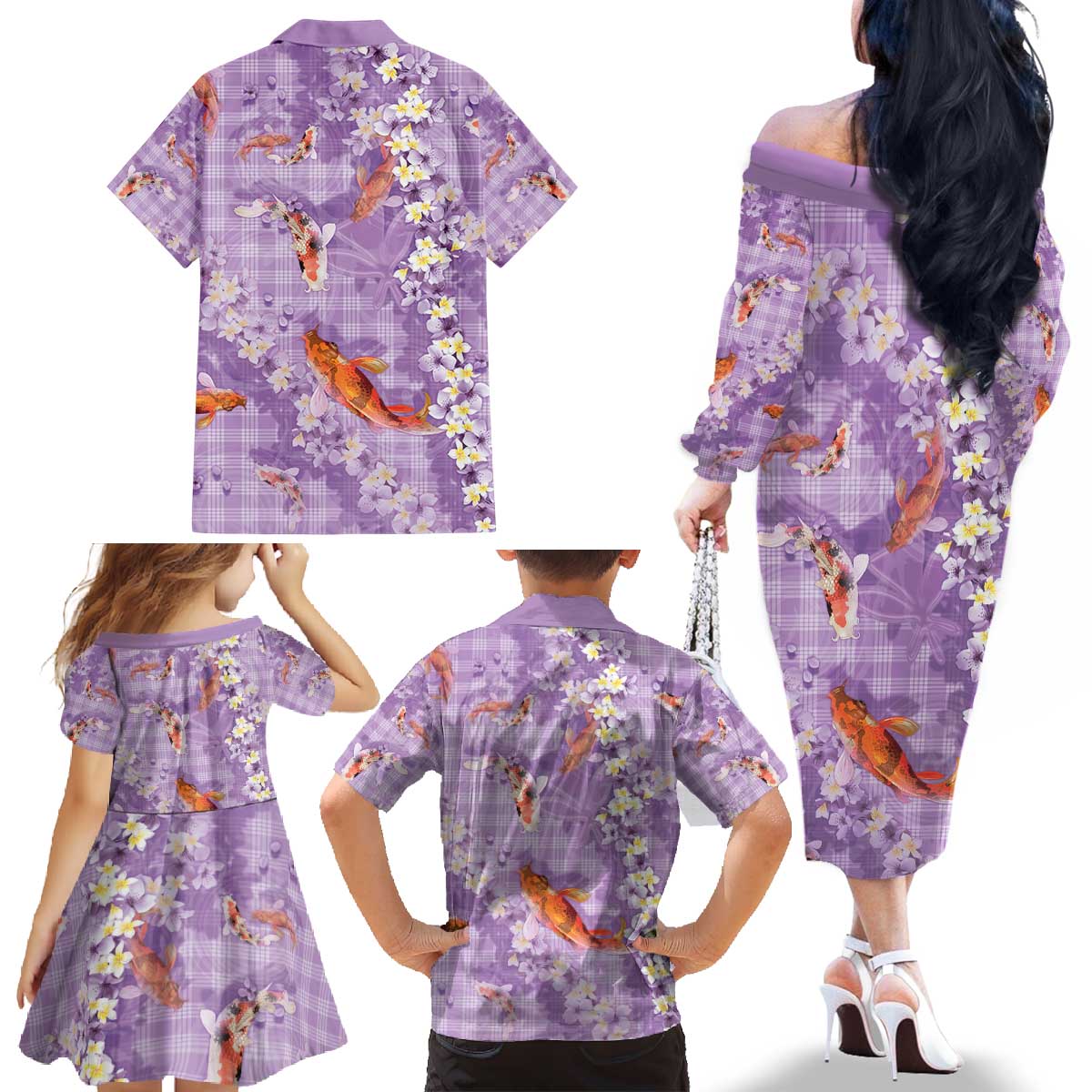 Purple Palaka Hawaiian And Japanese Family Matching Off The Shoulder Long Sleeve Dress and Hawaiian Shirt Sakura Lei With Koi Fish - Polynesian Pride