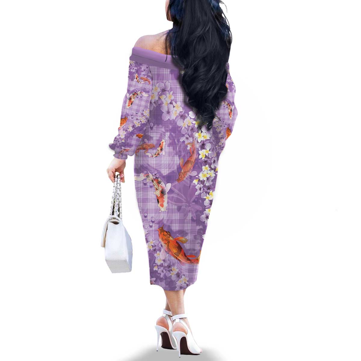 Purple Palaka Hawaiian And Japanese Family Matching Off The Shoulder Long Sleeve Dress and Hawaiian Shirt Sakura Lei With Koi Fish - Polynesian Pride