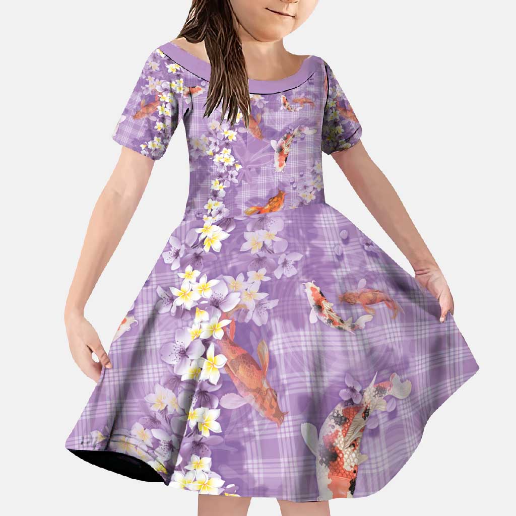 Purple Palaka Hawaiian And Japanese Family Matching Off Shoulder Maxi Dress and Hawaiian Shirt Sakura Lei With Koi Fish - Polynesian Pride