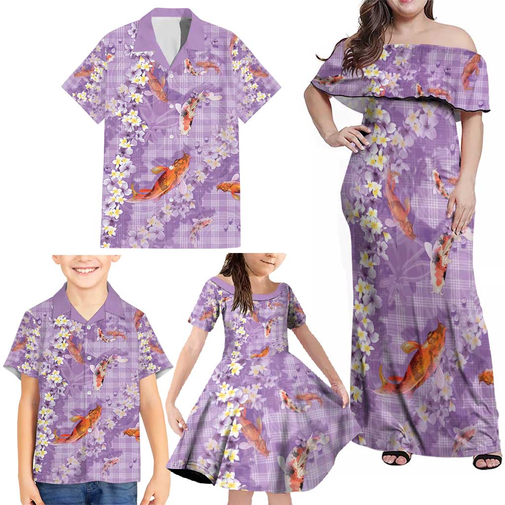Purple Palaka Hawaiian And Japanese Family Matching Off Shoulder Maxi Dress and Hawaiian Shirt Sakura Lei With Koi Fish - Polynesian Pride