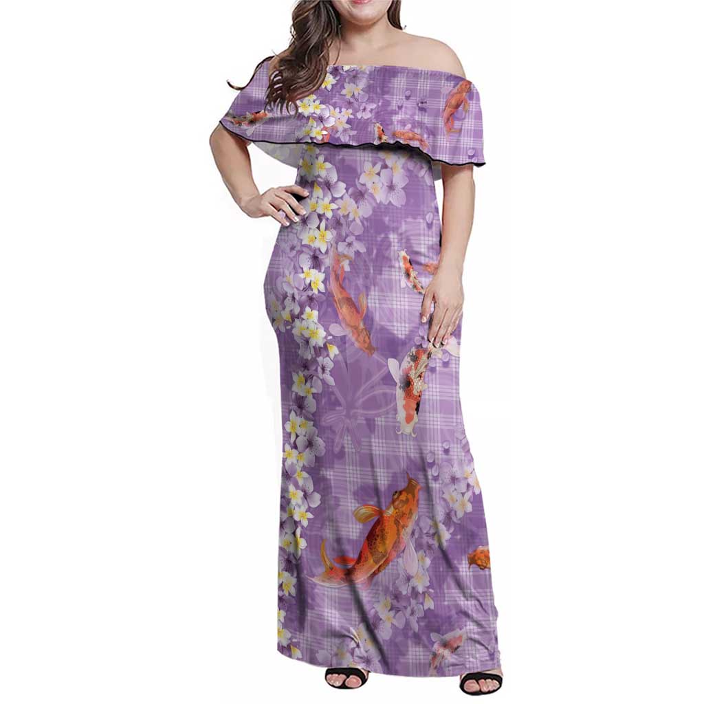 Purple Palaka Hawaiian And Japanese Family Matching Off Shoulder Maxi Dress and Hawaiian Shirt Sakura Lei With Koi Fish - Polynesian Pride