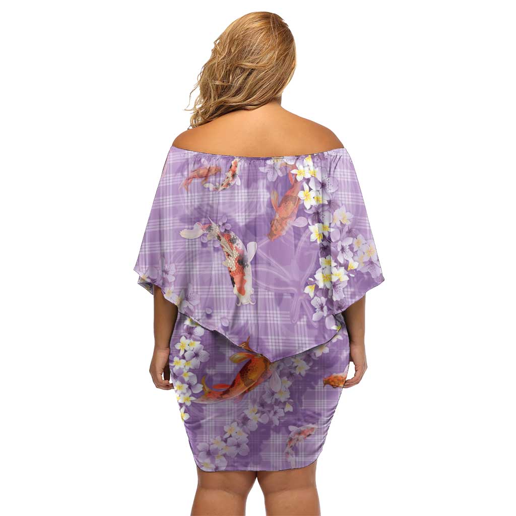 Purple Palaka Hawaiian And Japanese Family Matching Off Shoulder Short Dress and Hawaiian Shirt Sakura Lei With Koi Fish - Polynesian Pride