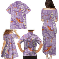 Purple Palaka Hawaiian And Japanese Family Matching Puletasi and Hawaiian Shirt Sakura Lei With Koi Fish - Polynesian Pride