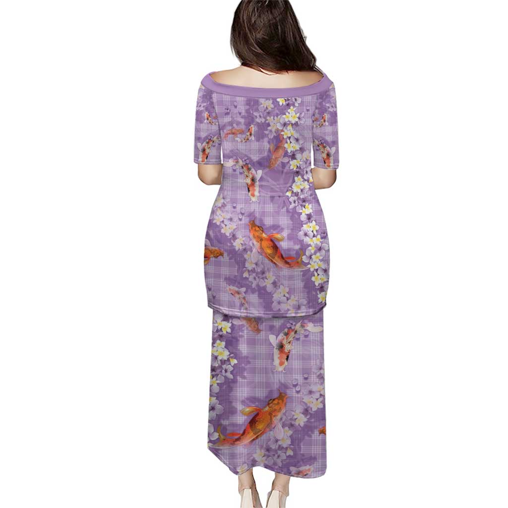 Purple Palaka Hawaiian And Japanese Family Matching Puletasi and Hawaiian Shirt Sakura Lei With Koi Fish - Polynesian Pride