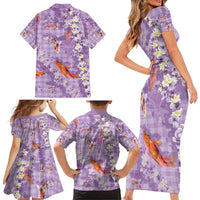 Purple Palaka Hawaiian And Japanese Family Matching Short Sleeve Bodycon Dress and Hawaiian Shirt Sakura Lei With Koi Fish - Polynesian Pride