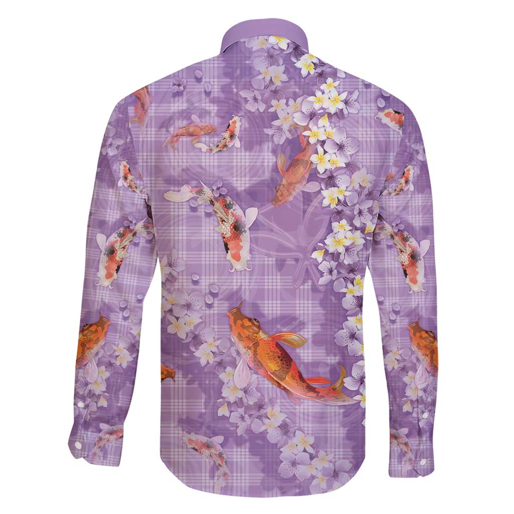 Purple Palaka Hawaiian And Japanese Family Matching Short Sleeve Bodycon Dress and Hawaiian Shirt Sakura Lei With Koi Fish - Polynesian Pride
