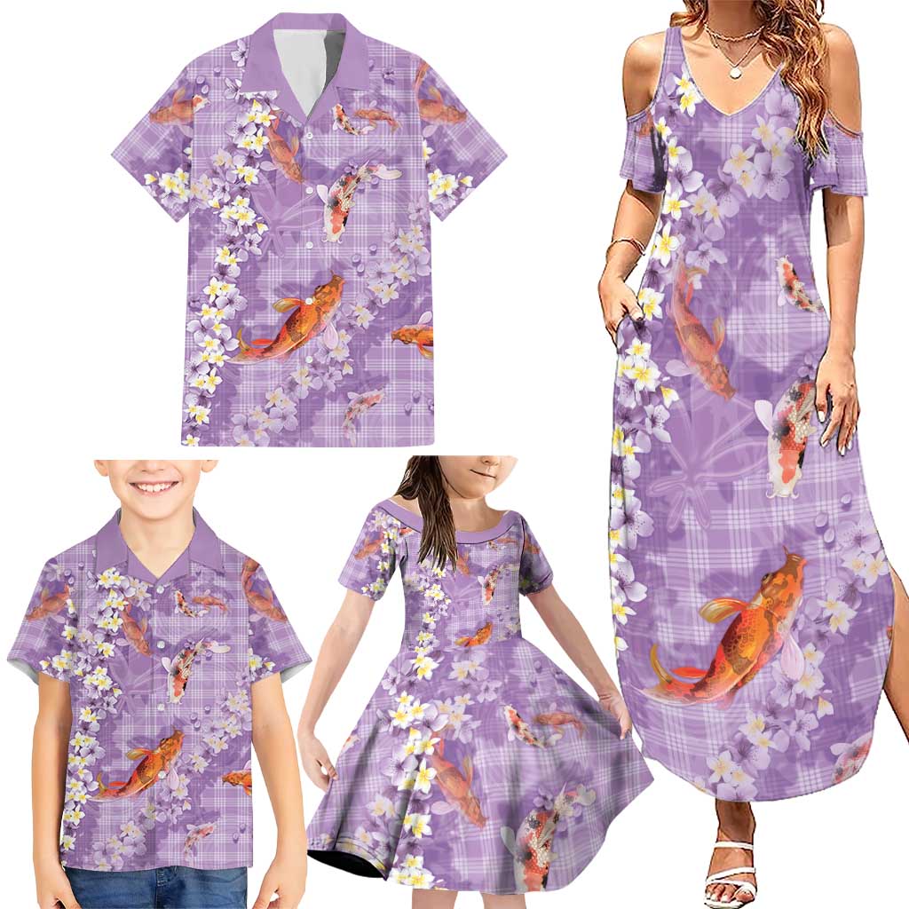 Purple Palaka Hawaiian And Japanese Family Matching Summer Maxi Dress and Hawaiian Shirt Sakura Lei With Koi Fish DT05 - Polynesian Pride
