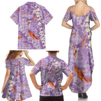 Purple Palaka Hawaiian And Japanese Family Matching Summer Maxi Dress and Hawaiian Shirt Sakura Lei With Koi Fish - Polynesian Pride