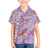 Purple Palaka Hawaiian And Japanese Hawaiian Shirt Sakura Lei With Koi Fish - Polynesian Pride