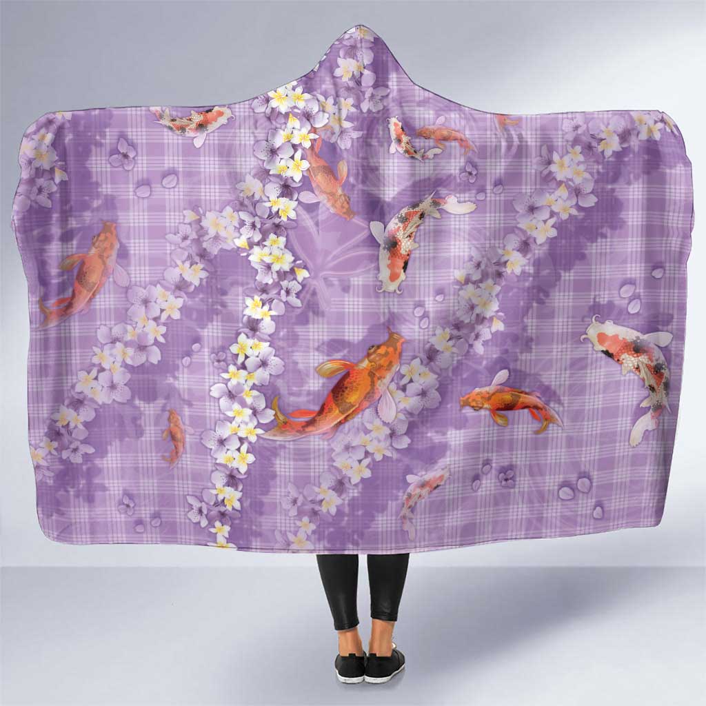 Purple Palaka Hawaiian And Japanese Hooded Blanket Sakura Lei With Koi Fish - Polynesian Pride