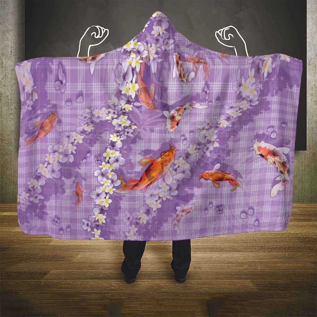 Purple Palaka Hawaiian And Japanese Hooded Blanket Sakura Lei With Koi Fish - Polynesian Pride
