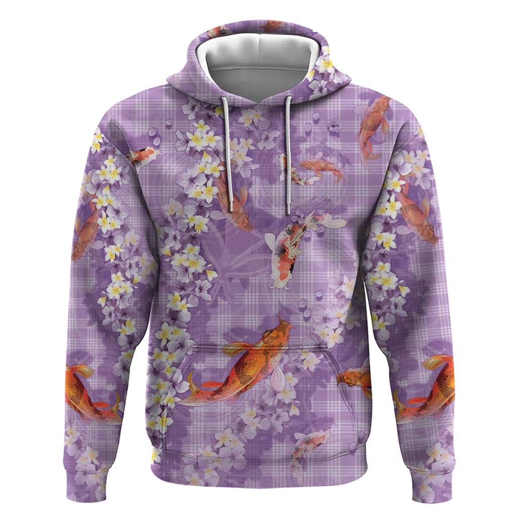 Purple Palaka Hawaiian And Japanese Hoodie Sakura Lei With Koi Fish - Polynesian Pride