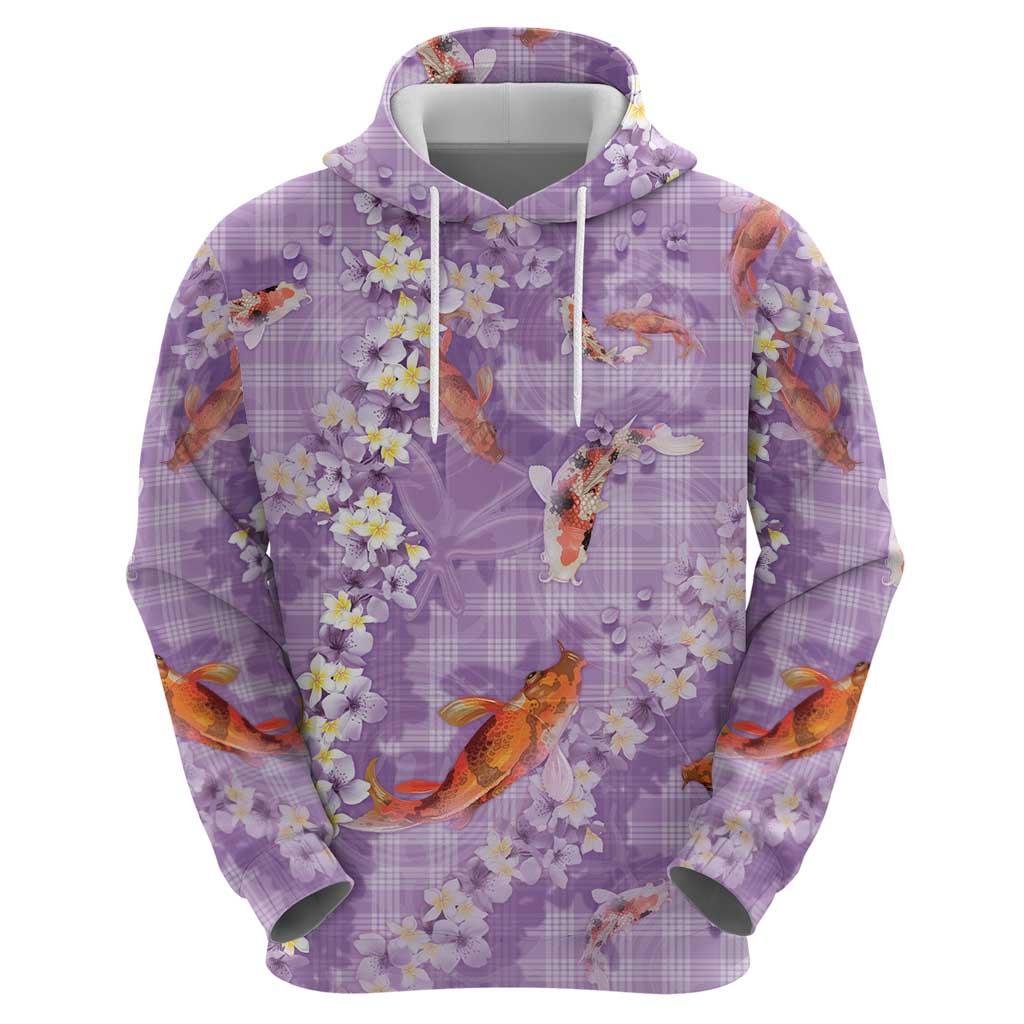 Purple Palaka Hawaiian And Japanese Hoodie Sakura Lei With Koi Fish - Polynesian Pride