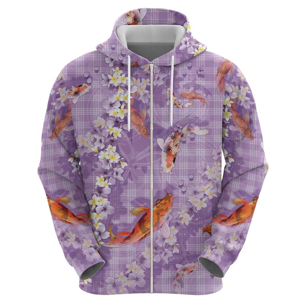 Purple Palaka Hawaiian And Japanese Hoodie Sakura Lei With Koi Fish - Polynesian Pride