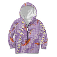 Purple Palaka Hawaiian And Japanese Kid Hoodie Sakura Lei With Koi Fish - Polynesian Pride