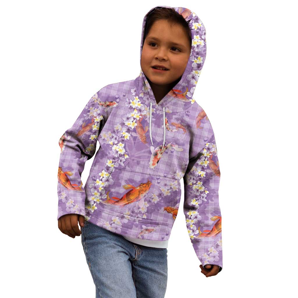 Purple Palaka Hawaiian And Japanese Kid Hoodie Sakura Lei With Koi Fish - Polynesian Pride
