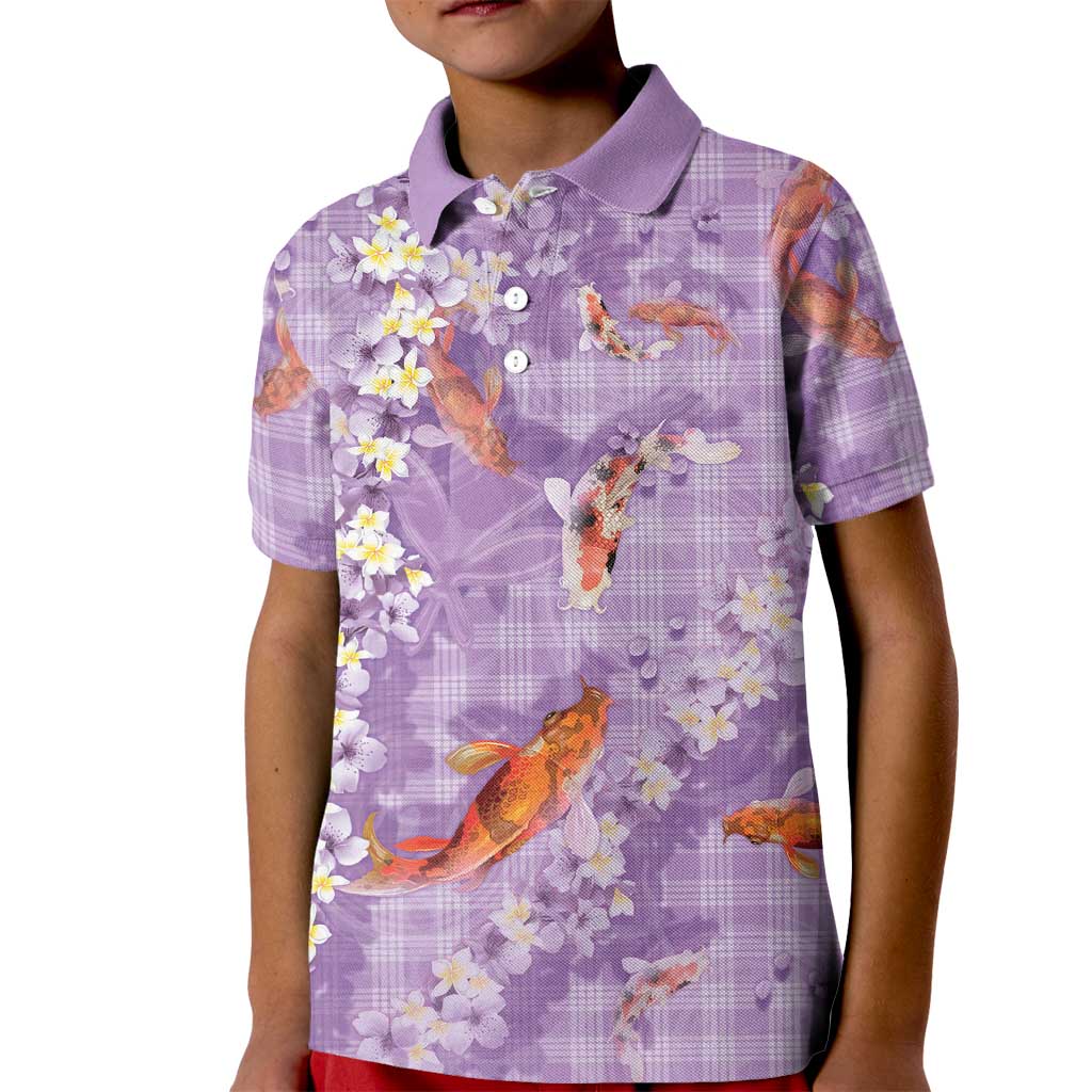 Purple Palaka Hawaiian And Japanese Kid Polo Shirt Sakura Lei With Koi Fish DT05 Kid Purple - Polynesian Pride