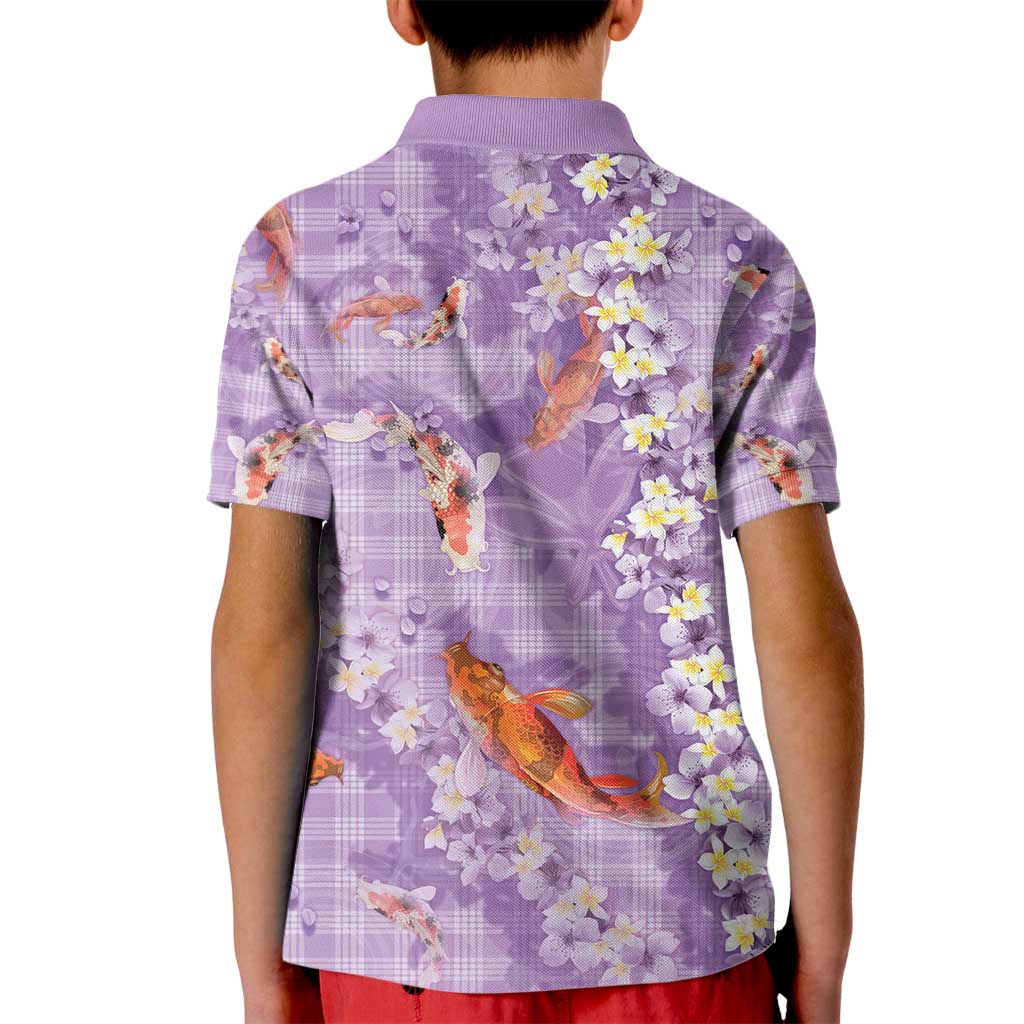 Purple Palaka Hawaiian And Japanese Kid Polo Shirt Sakura Lei With Koi Fish - Polynesian Pride