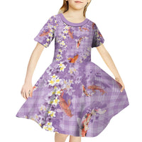 Purple Palaka Hawaiian And Japanese Kid Short Sleeve Dress Sakura Lei With Koi Fish - Polynesian Pride
