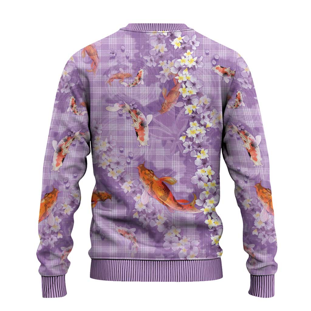 Purple Palaka Hawaiian And Japanese Ugly Christmas Sweater Sakura Lei With Koi Fish - Polynesian Pride