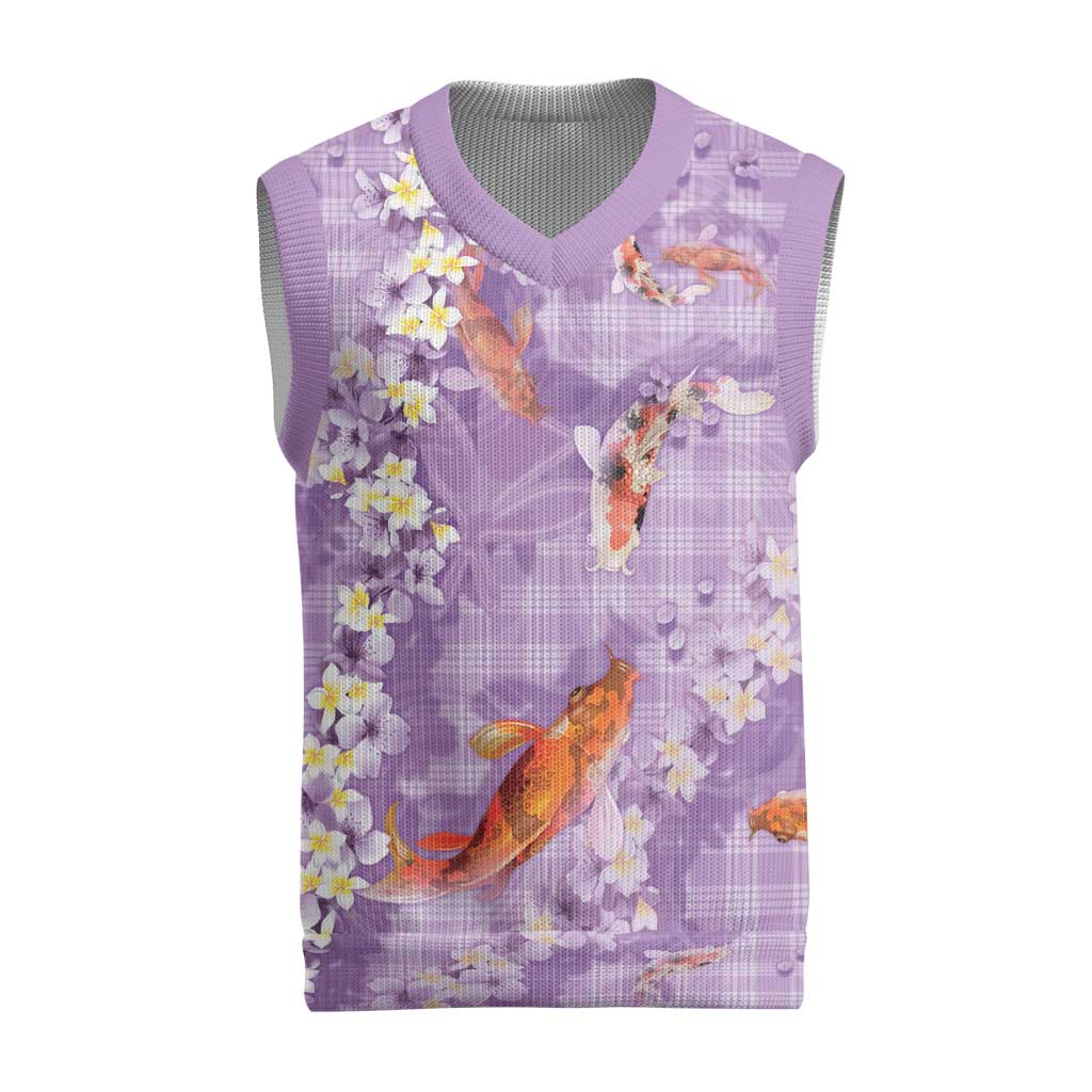 Purple Palaka Hawaiian And Japanese Christmas Knitted V-Neck Vest Sakura Lei With Koi Fish - Polynesian Pride