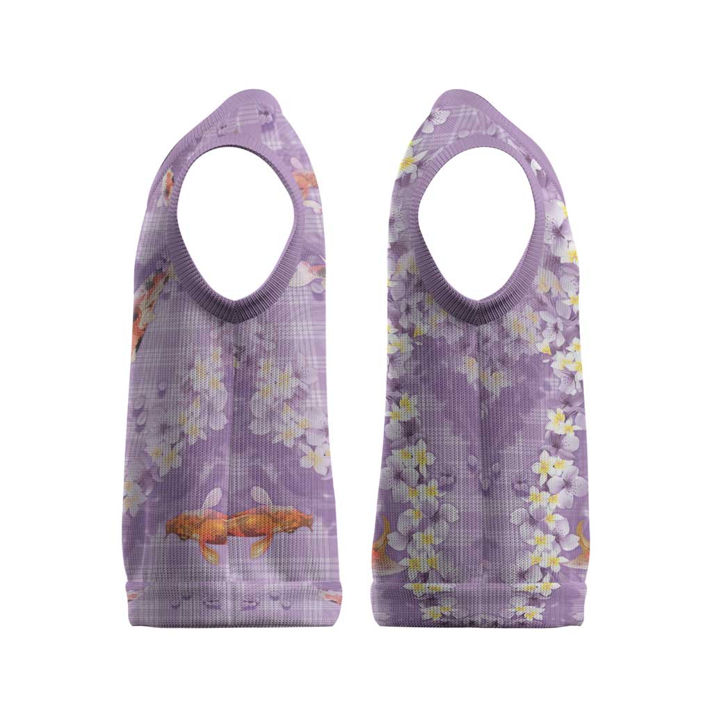 Purple Palaka Hawaiian And Japanese Christmas Knitted V-Neck Vest Sakura Lei With Koi Fish - Polynesian Pride